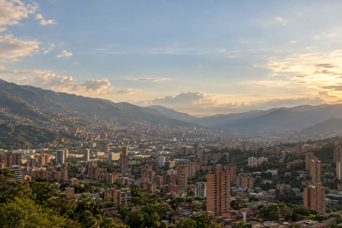 Vista panorámica de Medellín al atardecer, con la ciudad de ladrillo llenando el Valle de Aburrá entre montañas verdes; Vigomez distribuye fruta importada desde su sede en La Mayorista