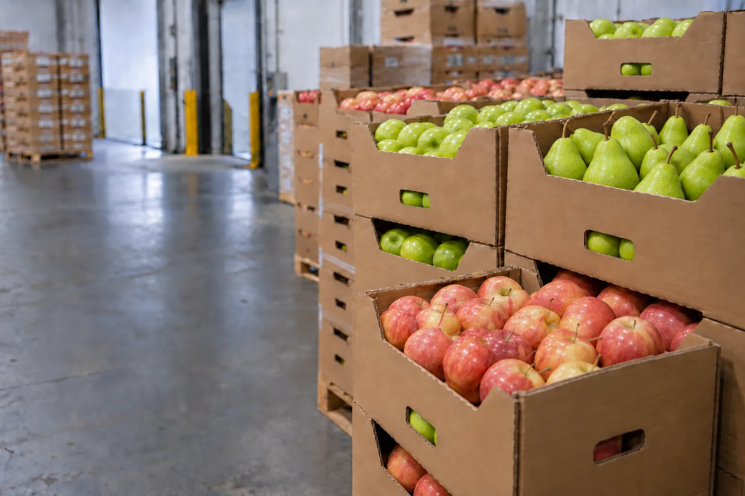 Cajas de manzana roja, manzana verde y pera importadas, apiladas en estiba en la bodega mayorista de Vigomez
